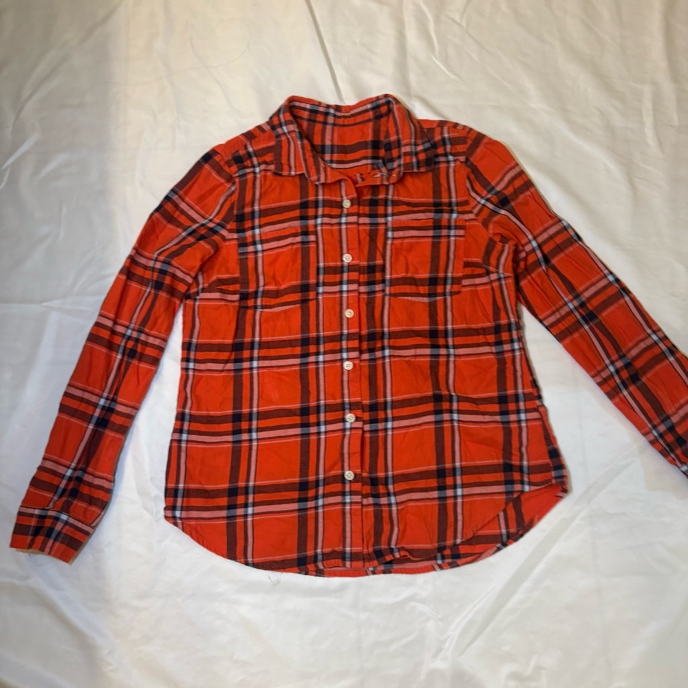 Source Unknown Orange Plaid Button-Down Shirt with Navy and White Stripes